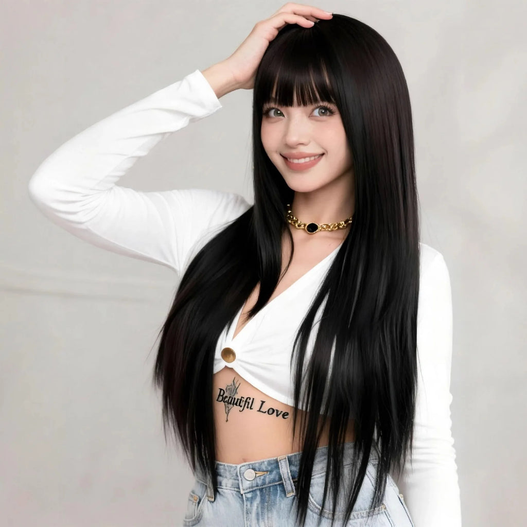 Black 26-inch synthetic wig with long straight hair for Halloween cosplay, daily use, high-temperature hair accessory