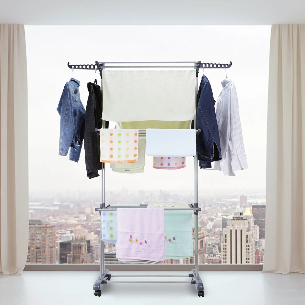 Clothes Drying Rack Stand 4-Tier Foldable Stainless Steel Movable Clothing Airer Multifunctional Laundry Coat Rack Household