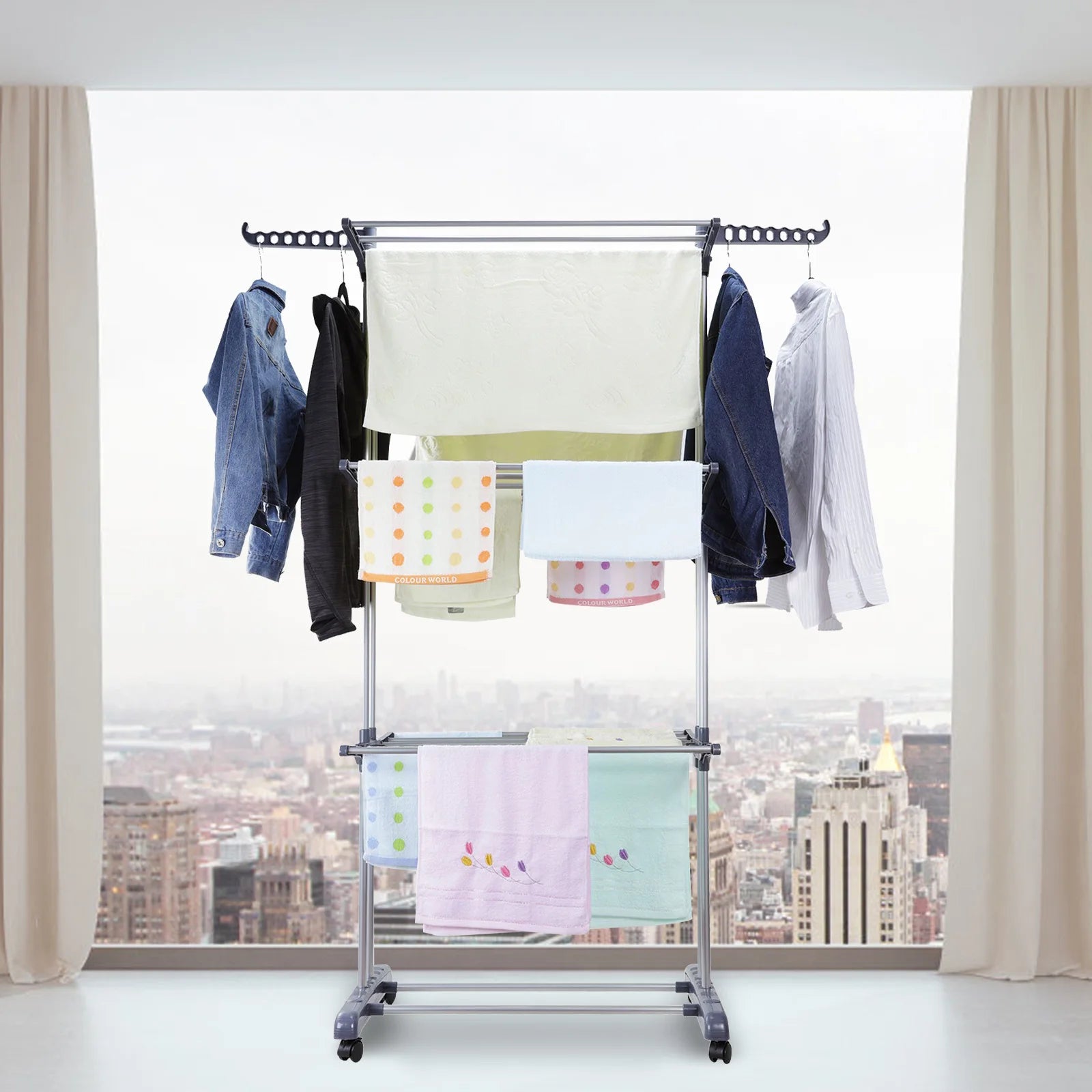 Clothes Drying Rack Stand 4-Tier Foldable Stainless Steel Movable Clothing Airer Multifunctional Laundry Coat Rack Household