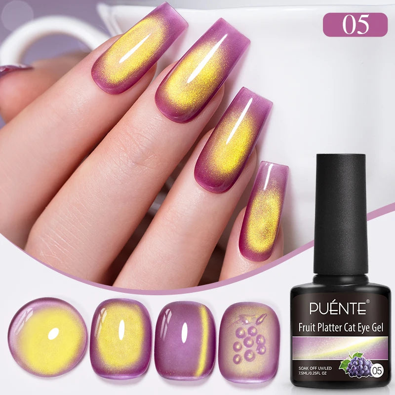 PUENTE 6pcs/set Fruit Series Cat Magnetic Gel Nail Polish Sparkling Blue Pink Purple Cat Eye Soak Off UV Semi-permanent Varnish