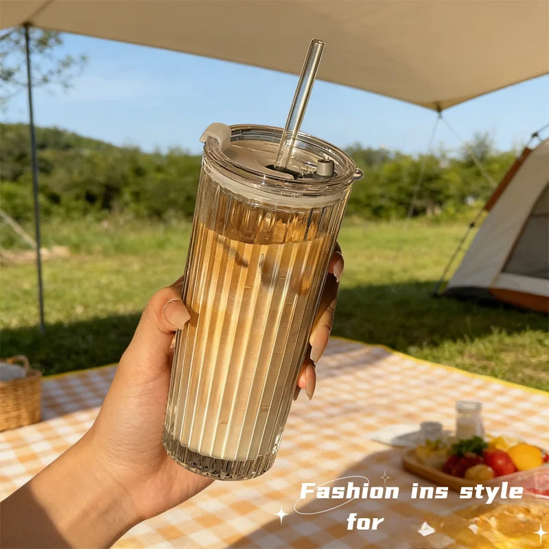 NEW Large-capacity glass cup, high appearance value, straw cup, with lid, suitable for iced Americano, latte, and juice