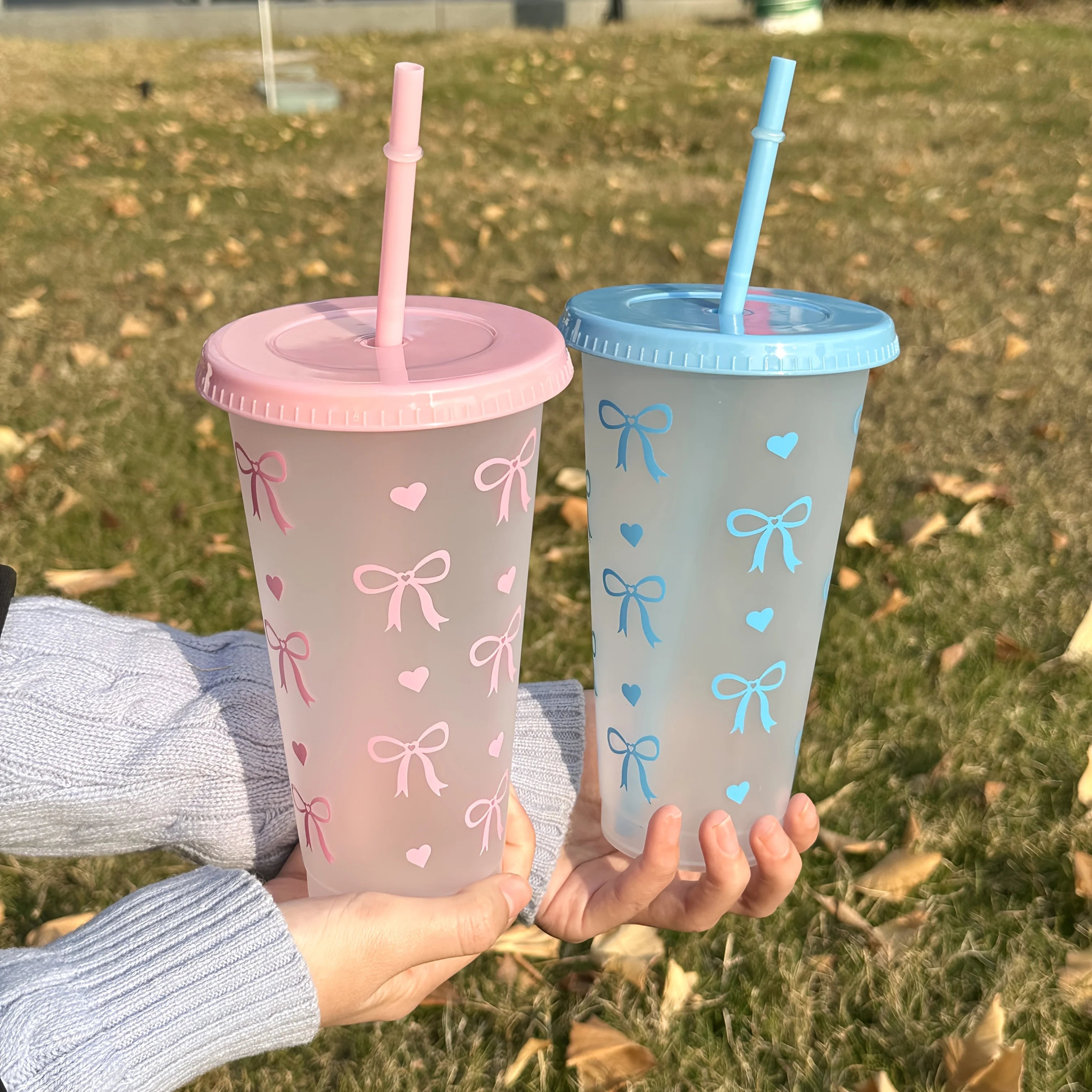 1/2/5pcs Kawaii Bow Reusable Party Cups with Straw & Lid Coffee Juice Tea Cute Tumbler With Straw Plastic Cups Summer Gifts