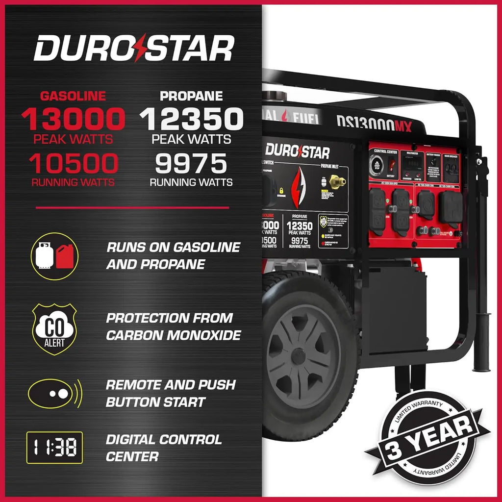 DS13000MX 13,000-Watt 500cc Dual Fuel Portable Generator - Gas and Propane, Remote Electric Start, Whole Home Power Backup
