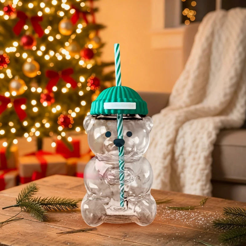 1pc 500ml Christmas Bear Coffee Cup Bear Straw Cup with Lid and Straw Wine Juice Milk Beverages Utensils Holiday Gifts
