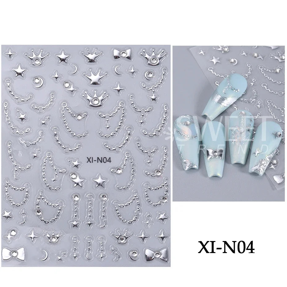 5D Embossed Metal Silver Stars Nail Stickers Mixed Color Resin Rhinestone Chain Pearl y2k Style Engraved Holographic Decoration