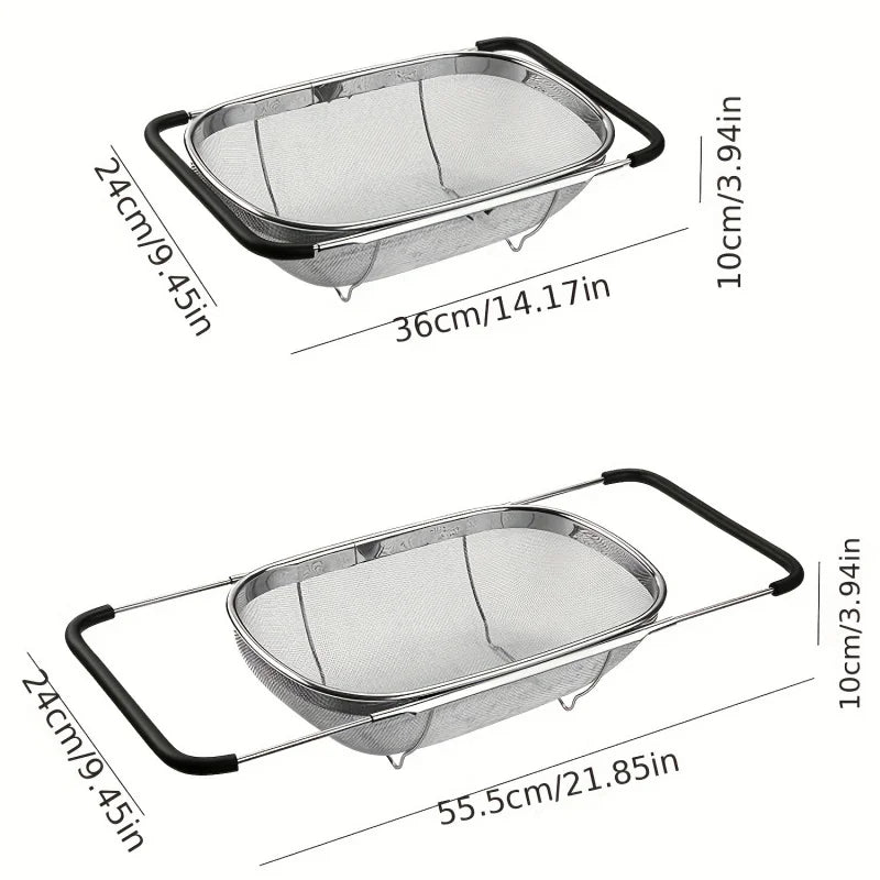 Stainless Steel Retractable Drain Basket Rubber Grip Handles Oval Colander Sink Vegetables Draining Rack Home Storage Basket
