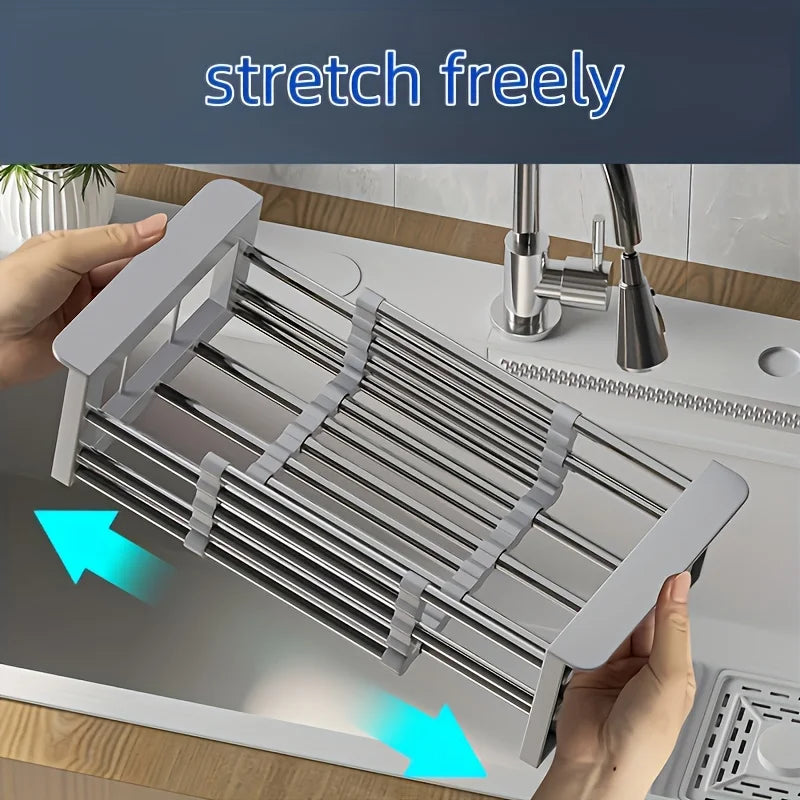 2025 Stainless Steel Extendable Sink Drying Rack - Adjustable Kitchen Drain Basket for Dish/Fruit Organizing Storage Tool