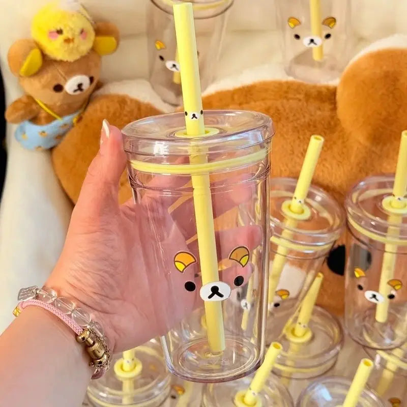 Rilakkuma Straw Cup Large Capacity Transparent Double Layer Cute Cartoon Cold Drinks Water Bottle Portable for Girls
