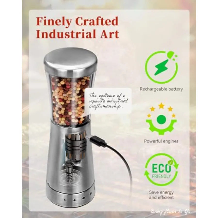 Electric Salt and Pepper Grinder Set with Storage Base Stainless Steel Rechargeable 4.5 oz Large Capacity 1.8 Wide Mouth Adjust