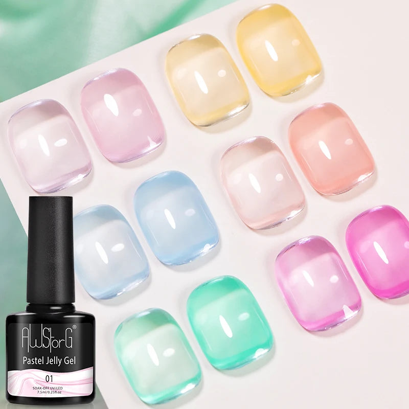 AWStorG 6Pcs/Set 7.5ml Pastel Jelly Nail Polish Clear Translucent Pastel Soak Off Gel Polish Semi Permanent Soak Off Nail Art