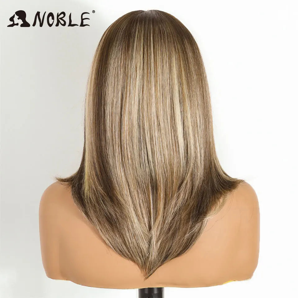 NOBLE 16 Inch 6x4 Lace Front Wig Synthetic Hair Ombre Ash Blonde with Dark Root Heat Resistant Fiber Glueless Wig for Women