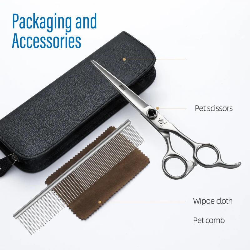 Fenice YCHLS 6.5/7.0/7.5 Inch Pet Grooming Scissors Set 9CR Steel Cutting Curved Thinning Chunker Shears for Family Use/Practice