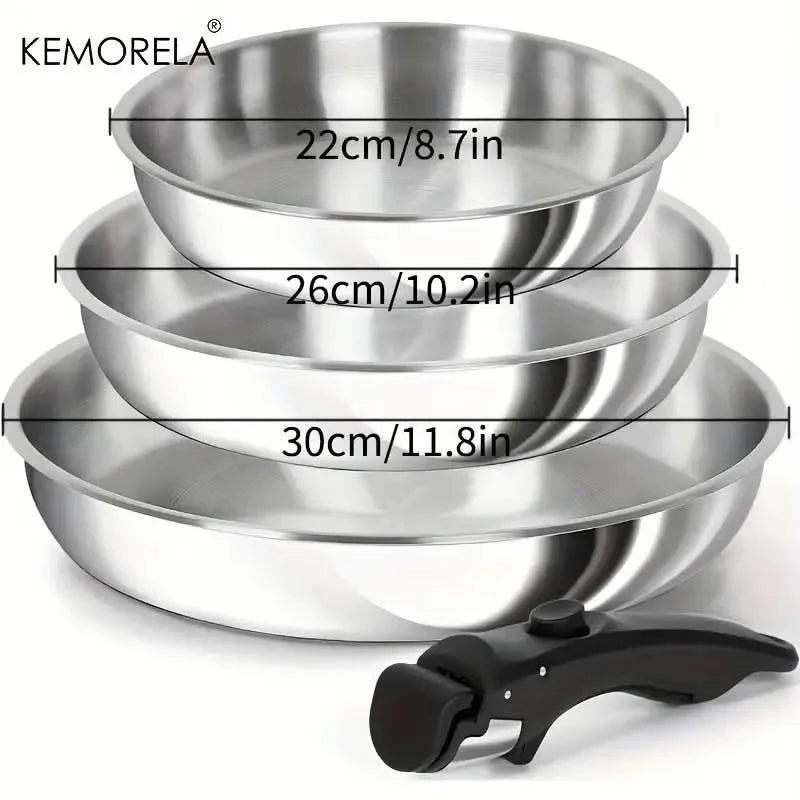 KEMORELA 316 Stainless Steel Frying Pan Set Cooking Pans with Removable Handle Triply Base Stainless Steel Pan Set Gas Stove