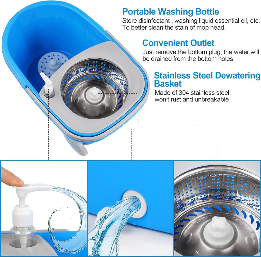 Blue Spin Mop Bucket Sets 360° Spinning Cleaning Tools with 3 Microfiber Replacement Heads, 61" Extended Handle Household Item