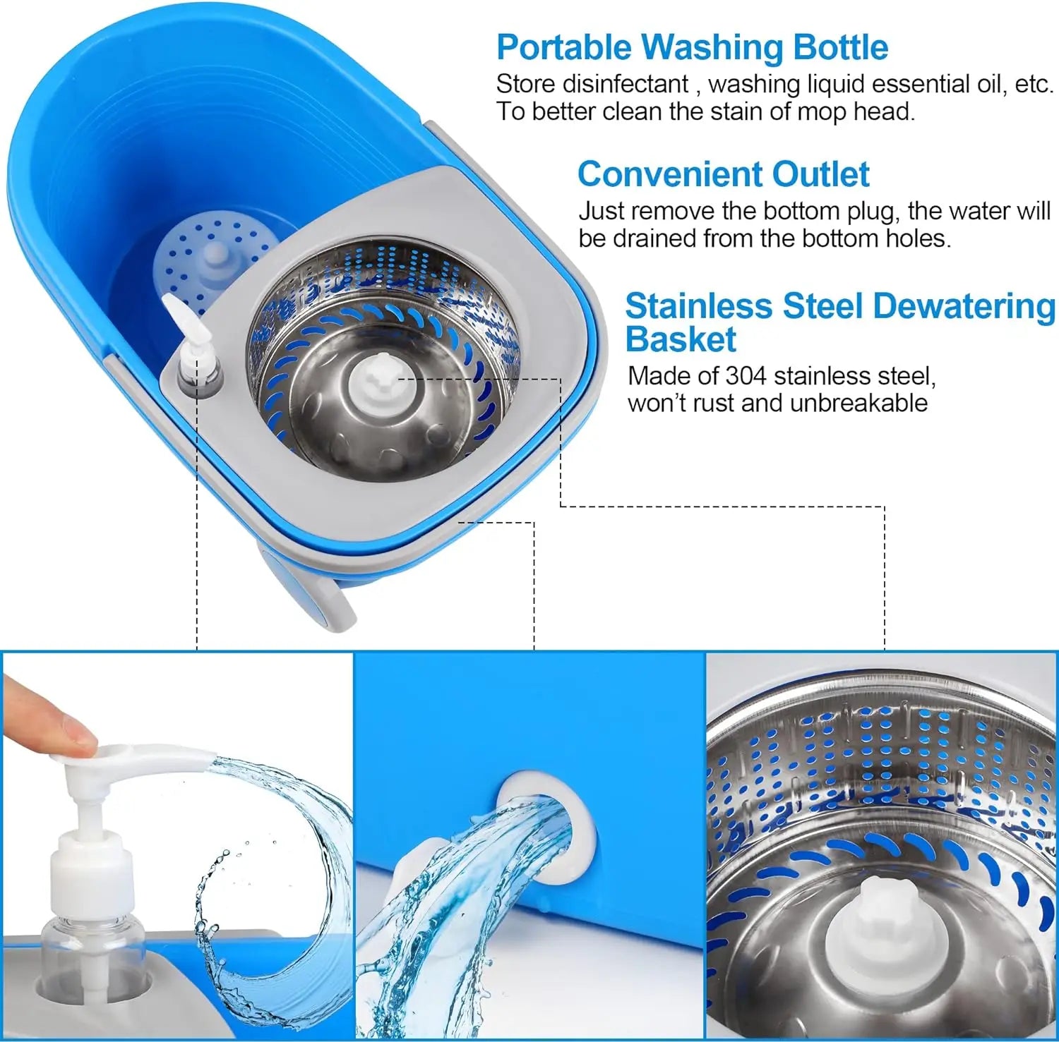 Blue Spin Mop Bucket Sets 360° Spinning Cleaning Tools with 3 Microfiber Replacement Heads, 61" Extended Handle Household Item