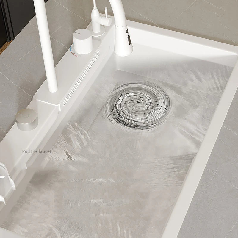 YCRAYS Nano Multifunction White Kitchen Sink Waterfall Faucet Large Single Bowl Wash Basin Cup Washer Pure Tap Soap Dispenser