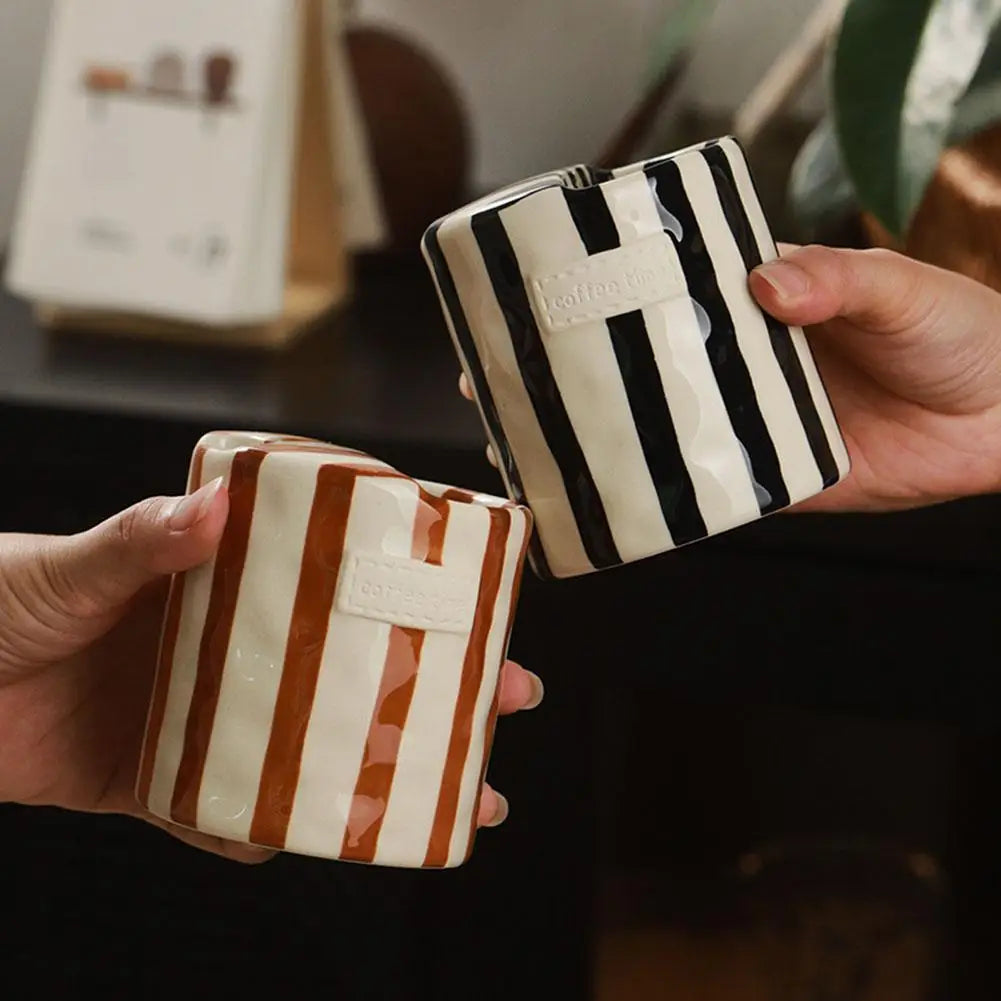 Vintage Striped Ceramic Mug Creative Double Spout Sharing Couple Cup For Coffee & Tea, Office Breakfast Cup