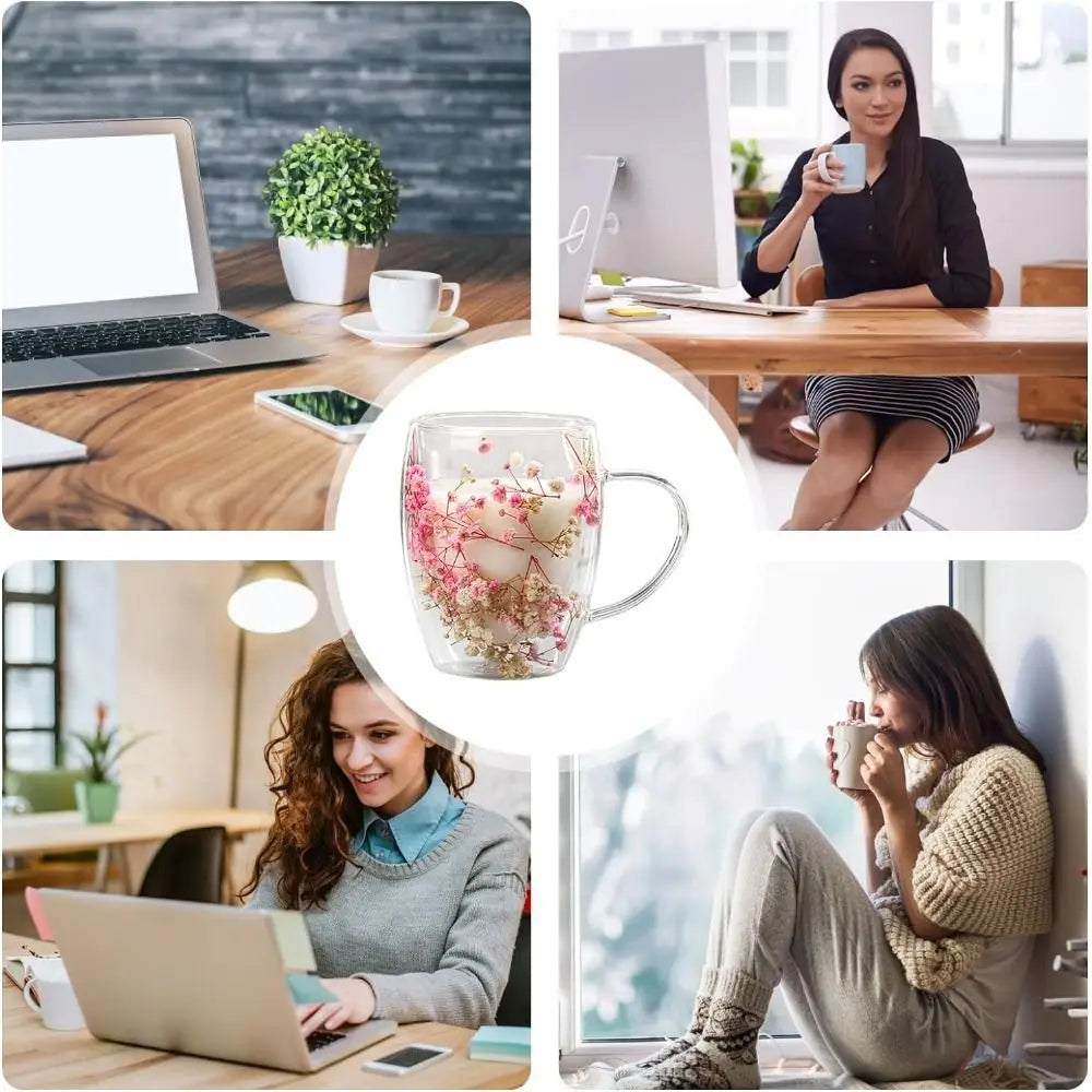 350ml Dried Flower Double Walled Glass Mug Cup Coffee Mug with Dry Flowers Decorative Creative Flower Mug Double Wall Flower Cup