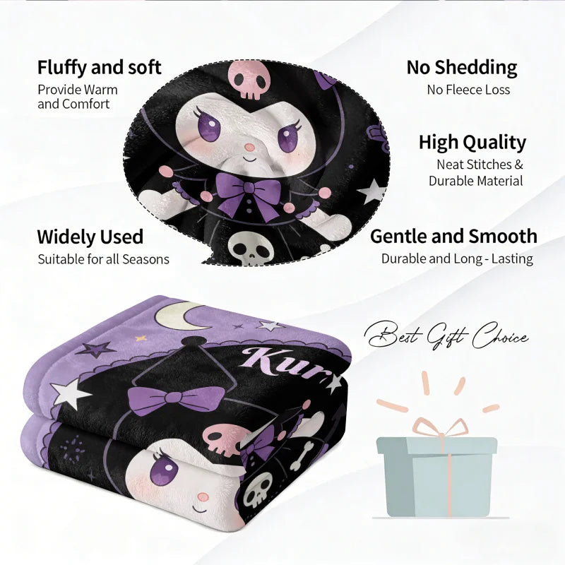 Gothic Kuromi Flannel Blanket Soft Cozy Plush Warm Throw For Sofa Bed Cover Office Nap Shawl Camping Multifunctional Blanket