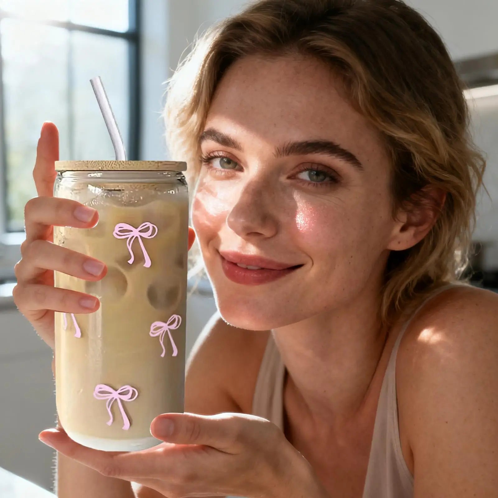 Transparent Glass Tumbler Pink Bow Flower Sticker Drink Juice Cup Suitable For Hot And Cold Drinks Bow Tie Straw Cup