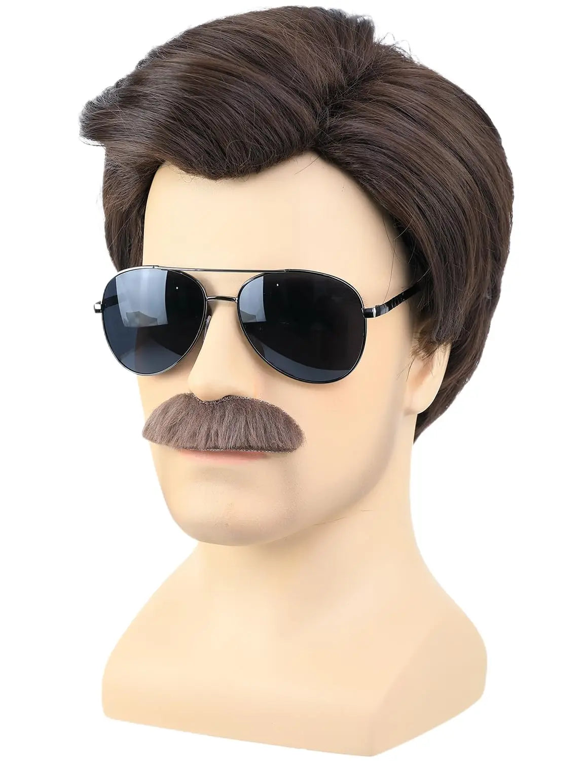 Synthetic Short Brown Men Wig with Msutache and Sunglasses for 70s 80s Costume Cosplay Halloween Party, Ted Lasso Cosplay Wig