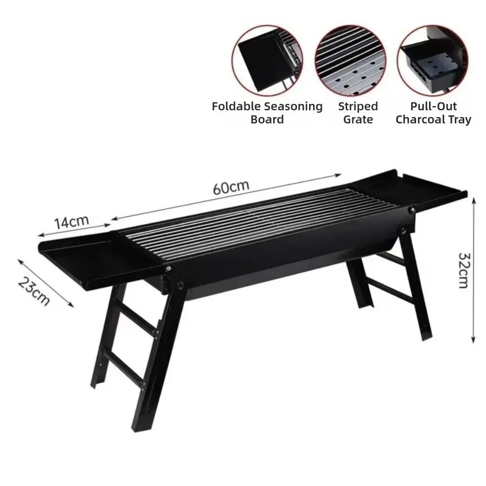 Folding Stainless Steel BBQ Charcoal Grill With 2 Side Trays Portable Camping Hiking Barbecue Accessory