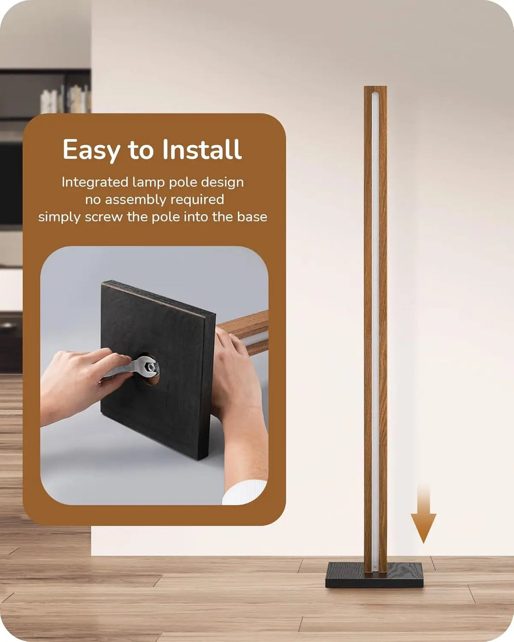 Modern Dimmable Wood LED Floor Lamp with Remote, 7 Color Temperatures for Living Room, Bedroom, Office