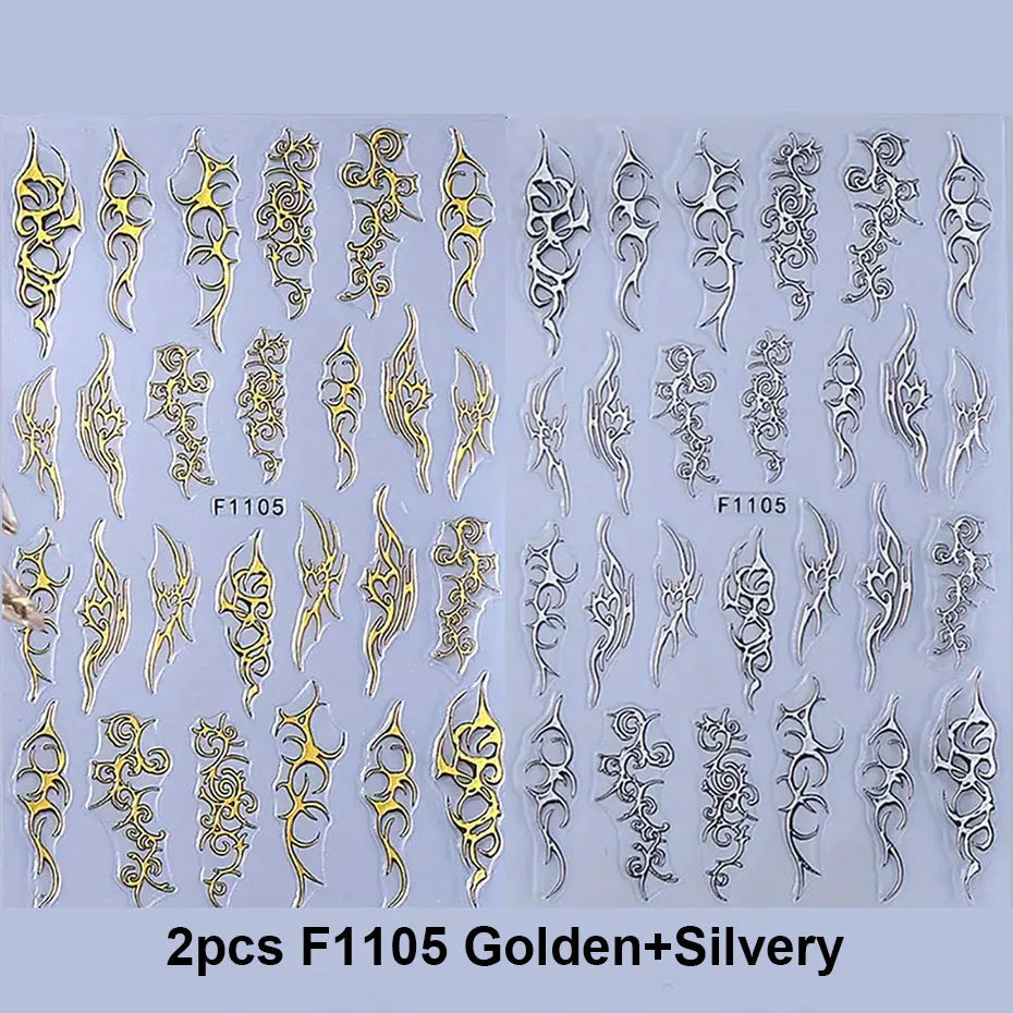 2pcs Metallic Chrome Nail Art Stickers Y2K Punk Thorns Flame Totem Designs Gold Silver Irregular Stripes Adhesive Decals Decor