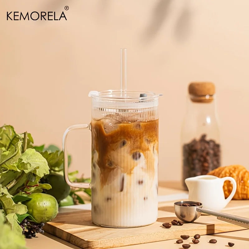 KEMORELA 740ML Ribbed Glass Tumbler Set of 1/2 with Handle Lid And Reusable Straws for Iced Coffee Clear Large Drinkware