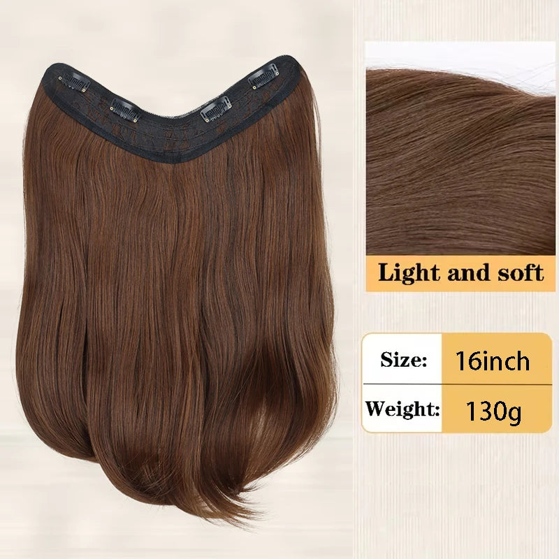 16Inch Synthetic Long Straight V-Shaped Hair Extensions 4 Clips Black Brown Hairpiece for Adding Volume Women Daily Party Use