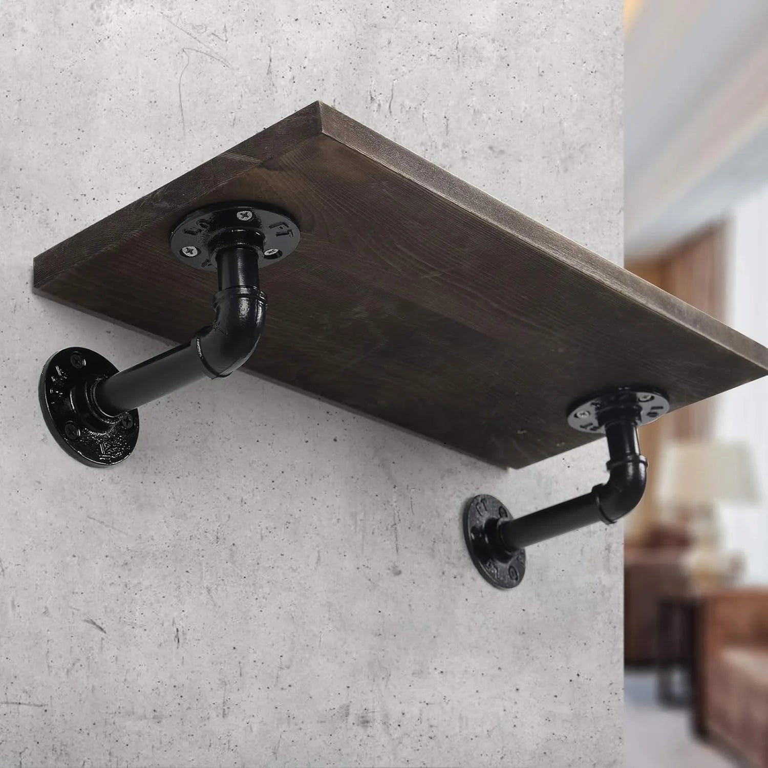 Industrial Iron Pipe Shelf Brackets 4-Pack - Heavy Duty Floating Shelves for DIY Wall Mount, Black