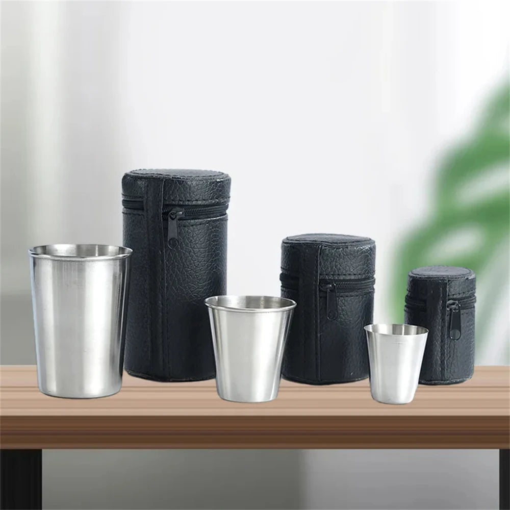 4pcs/Set Stainless Steel Cups with Storage Bag Metal Drinking Cups Stackable Water Tumblers 30ml/70ml/170ml for Outdoor Travel