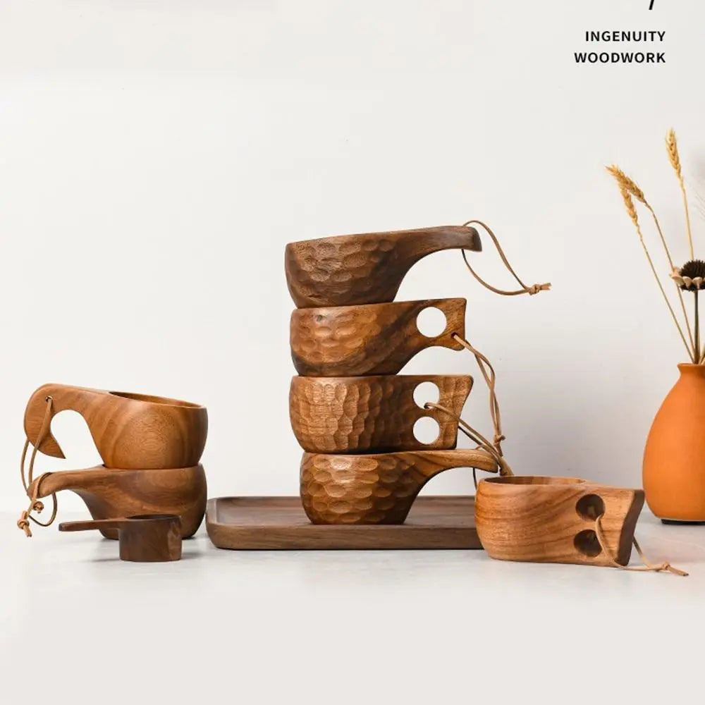 Kuksa Portable Coffee Mug Rubber Wood Handle Two Hole Cowhide Rope Hook Juice Milk Tea Coffee Drinking Cup Drinkware