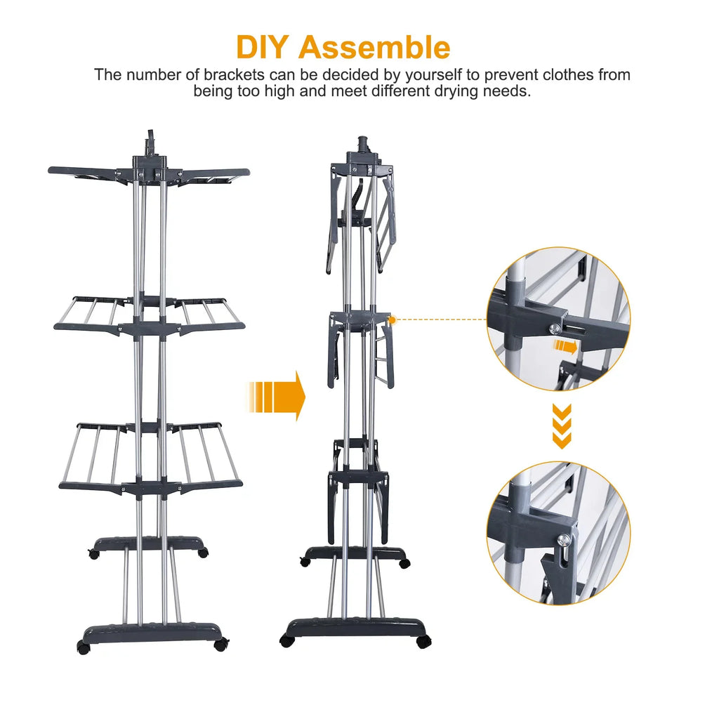 Clothes Drying Rack Stand 4-Tier Foldable Stainless Steel Movable Clothing Airer Multifunctional Laundry Coat Rack Household