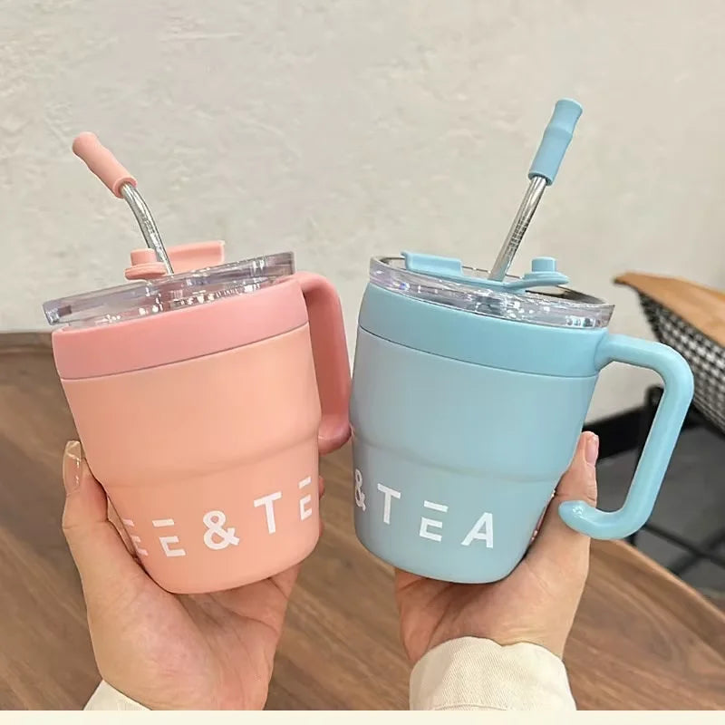 480ml Stainless Steel Coffee Cup with Straw Lid Thermos Mug Portable Water Tea Milk Bottle for Hot And Cold Drinks Office
