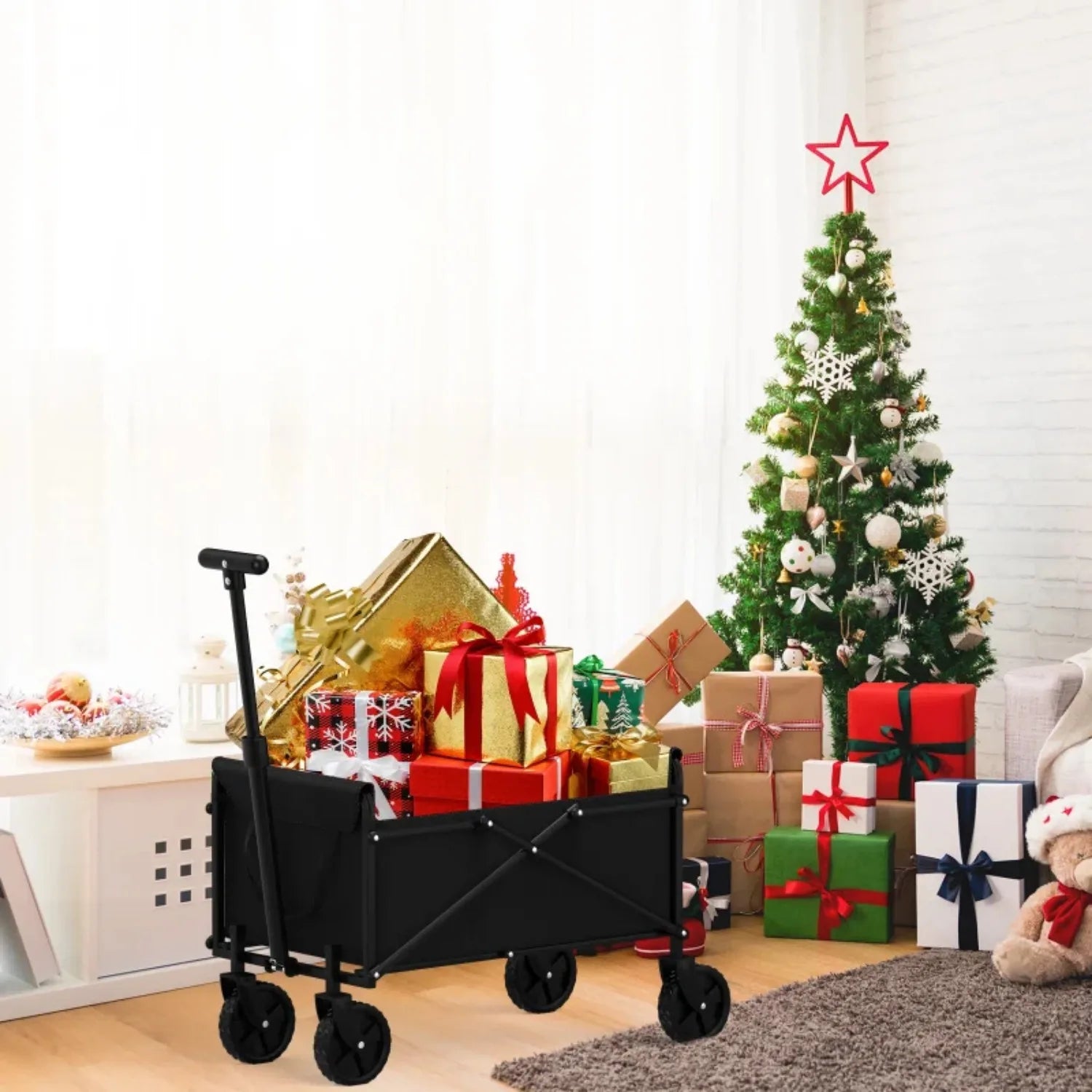 Black Small Handcart Outdoor Garden Folding Cart Collapsible Utility Shopping Cart Wagon Portable Picnic Beach Trolley Cart