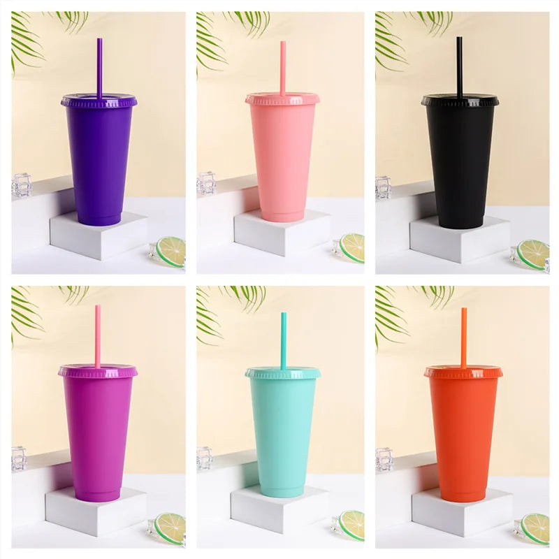 Hot Selling Funny Stylish Matte Finish Reusable Tumbler Plastic Cup With Straw Coffee Milk Tea Household Water Cup 24oz 710ml