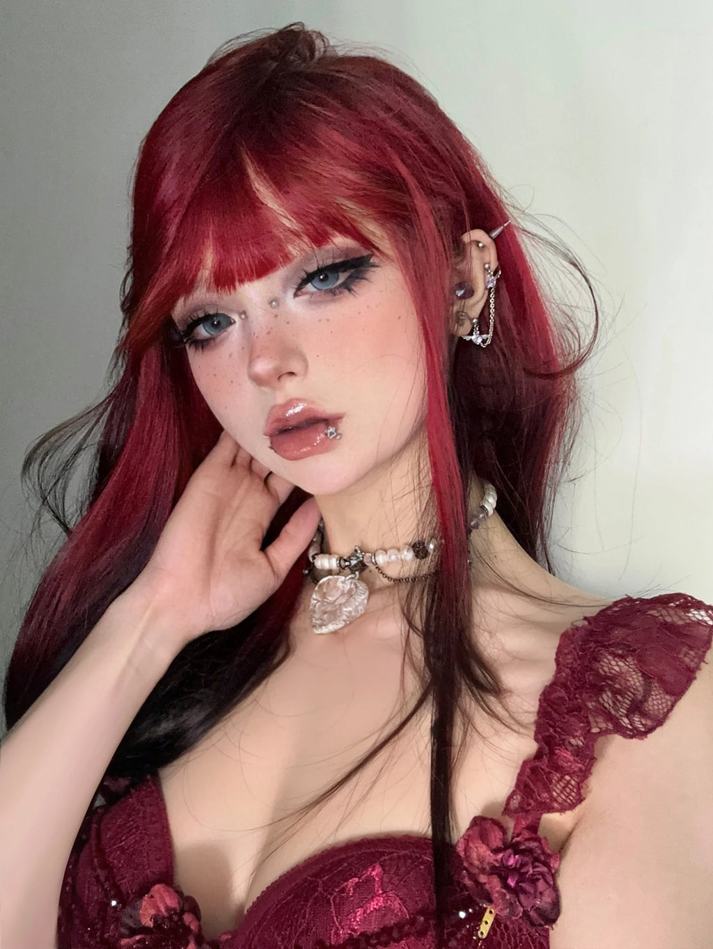20Inch Sexy Black Red Ombre Synthetic Wigs With Bangs Medium Natural Straight Hair for Women Daily Use Cosplay Heat Resistant