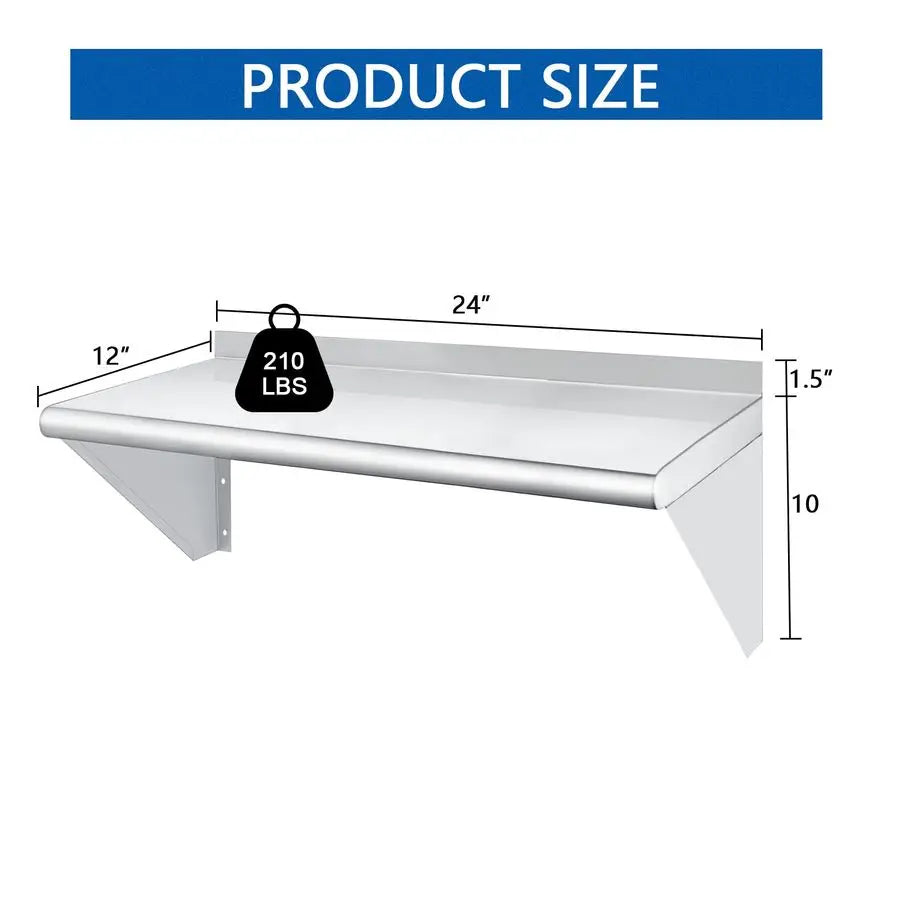 Stainless Steel Shelf 12 x 24, 210lb Commercial Shelves Wall Mount Metal Shelving with Backsplash and Brackets for Kitchen, Rest