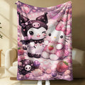Sanrio Kuromi x Hello Kitty Flannel Blanket Kawaii Gothic Moon Print Soft Cozy Throw for Aesthetic Room Decor Gift