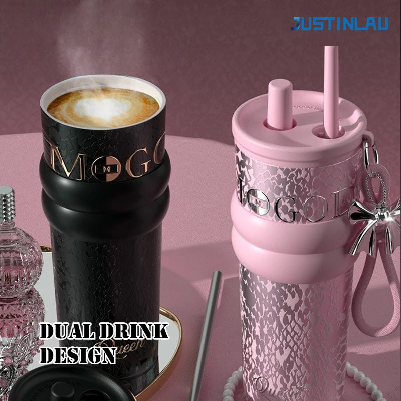 JUSTINLAU 710ML Goddess Style Aurora Insulated Cup Ceramic Coated Straw Cup Fashionable Drawstring Pendant Light Luxury Gift Cup