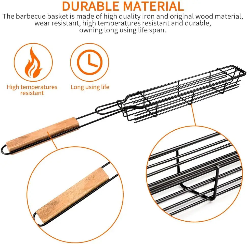 1/2/4PCS BBQ Grill Basket with Wooden Handle Reusable Nonstick  Lock Barbecue Mesh Clip for Outdoor Grill Vegetable Meat Hot Dog