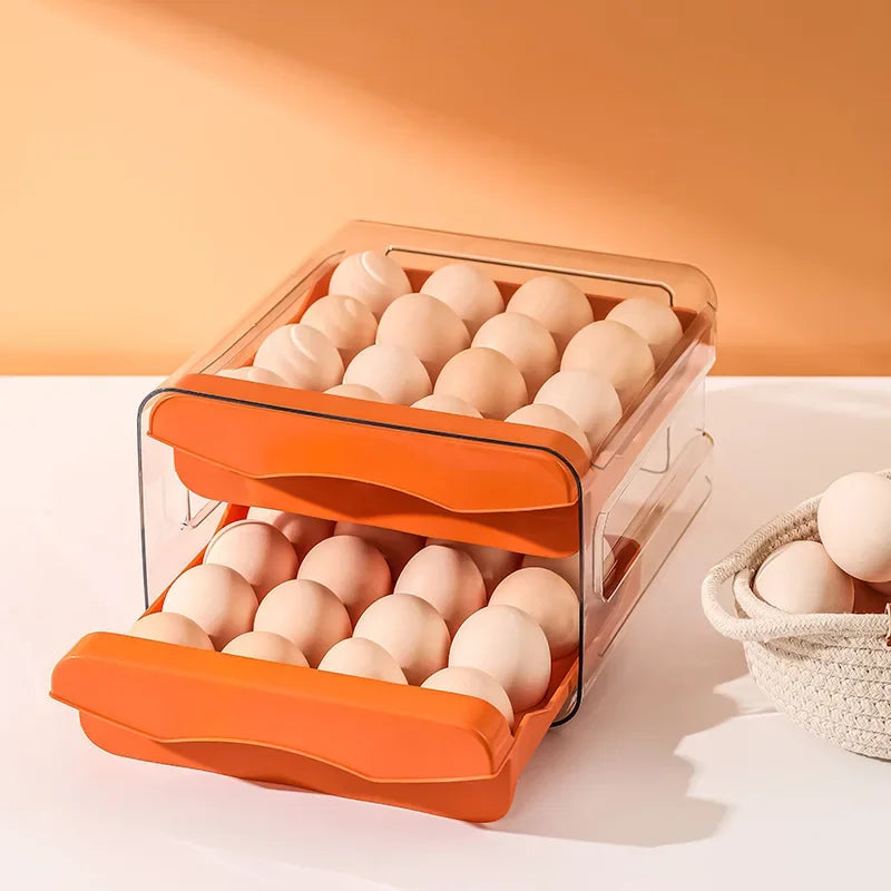 Double Layer Egg Storage Container Plastic Refrigerator Organizer with Drawer Design Kitchen Household Fresh Keeping Box