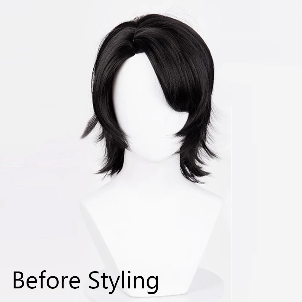 Short Straight Black Fluffy Synthetic Wig Anime Game Cosplay Men Heat Resistant Wig for Daily Party