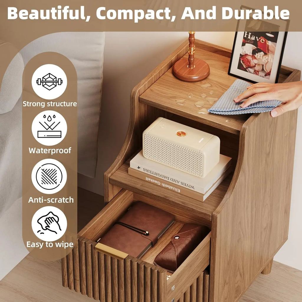 Fluted 2-Drawer Nightstand Set Slim Wooden Mid Century Modern Side End Table for Bedroom Living Room Office, Customized