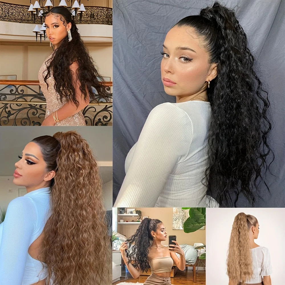 22inch Corn Wave Ponytail Extension Clip in Long Wavy Curly Wrap Around Pony Tail Heat Resistant Synthetic Hairpiece for Women
