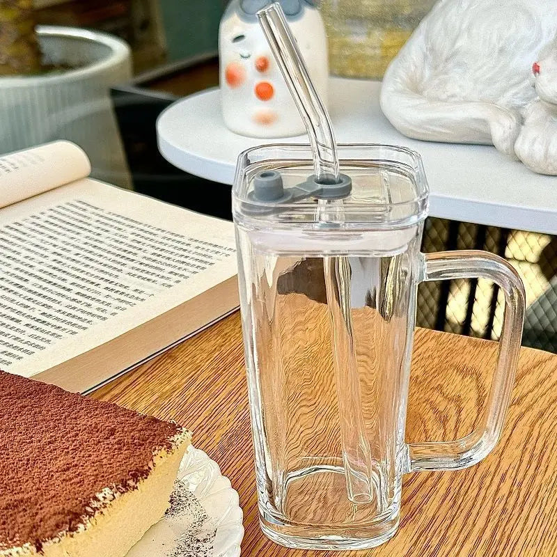 250ML transparent ins with handle glass cup stylish women's summer juice drink cup  striped with lid straw cup