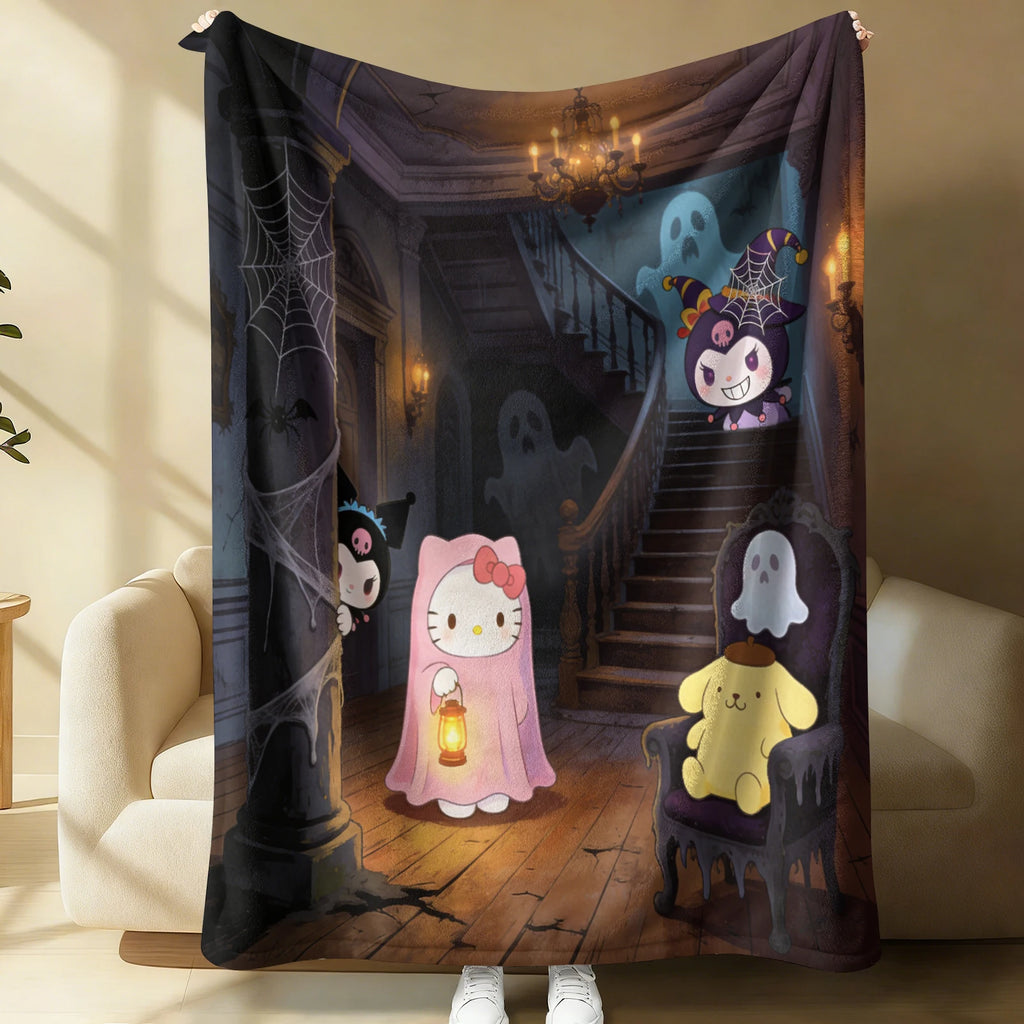 Sanrio Hello Kitty My Melody Kuromi Flannel Blanket Kawaii Gothic Castle Print Soft Cozy Throw Room Decor Gift Halloween Decor