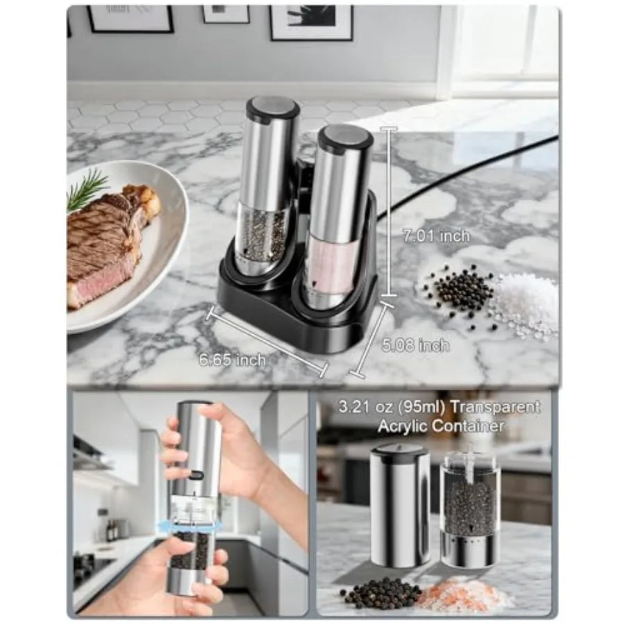 Electric Salt and Pepper Grinder Set with 6-Grind Settings and Anti-Misoperation Top Design Detachable Base and Transparent Con