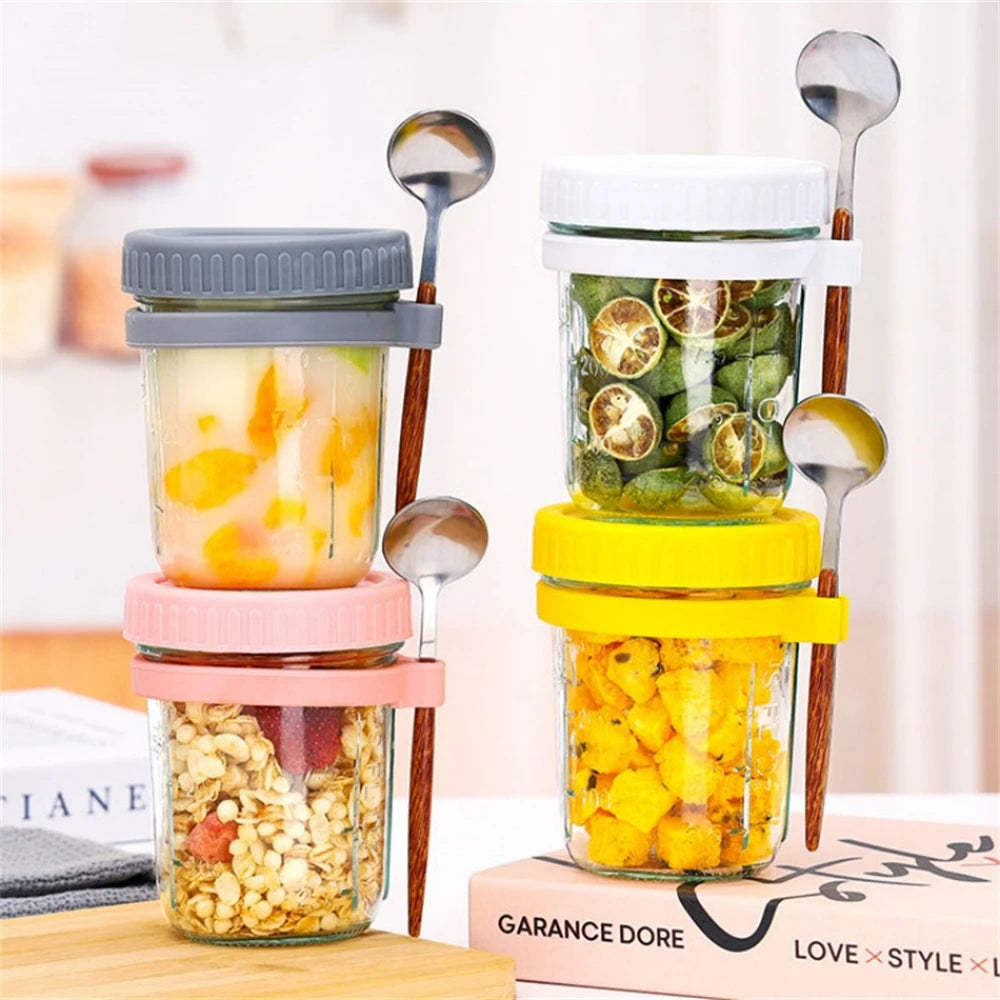 1Set Cup 350ML Overnight Oat Cup Glass With Lid And Spoon Seal Food Breakfast Cup Portable Cereal Milk Salad Yogurt Cup Kitchen